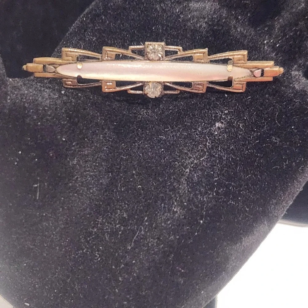 Art Deco Bar Brooch Mother‎ of Pearl Rhinestone Gold Bronze Tone Geometric VTG